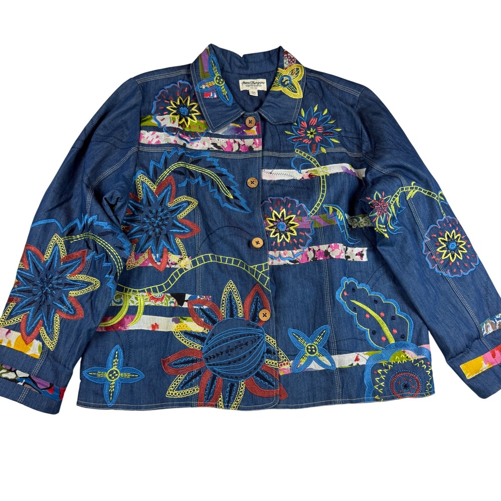 Norm Thompson Womens PXL Blue Denim Floral Embroidered Patchwork Jacket Boho